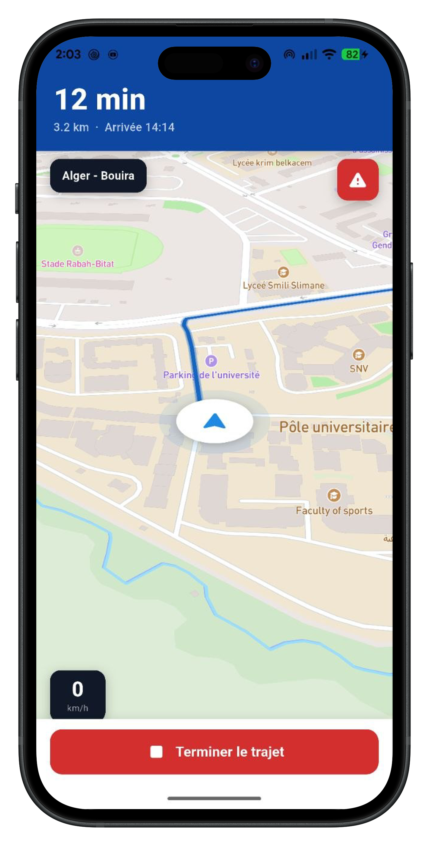 Application Chauffeur — trajet actif Alger-Bouira, ETA 12 min