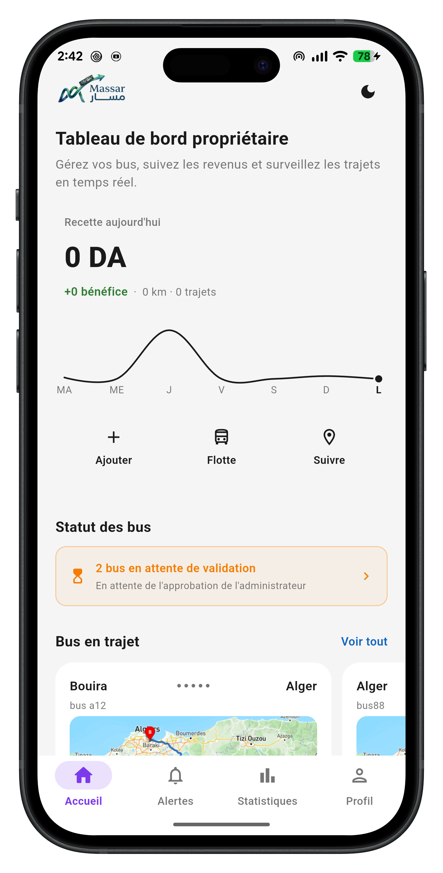 Application Transport — tableau de bord propriétaire de flotte